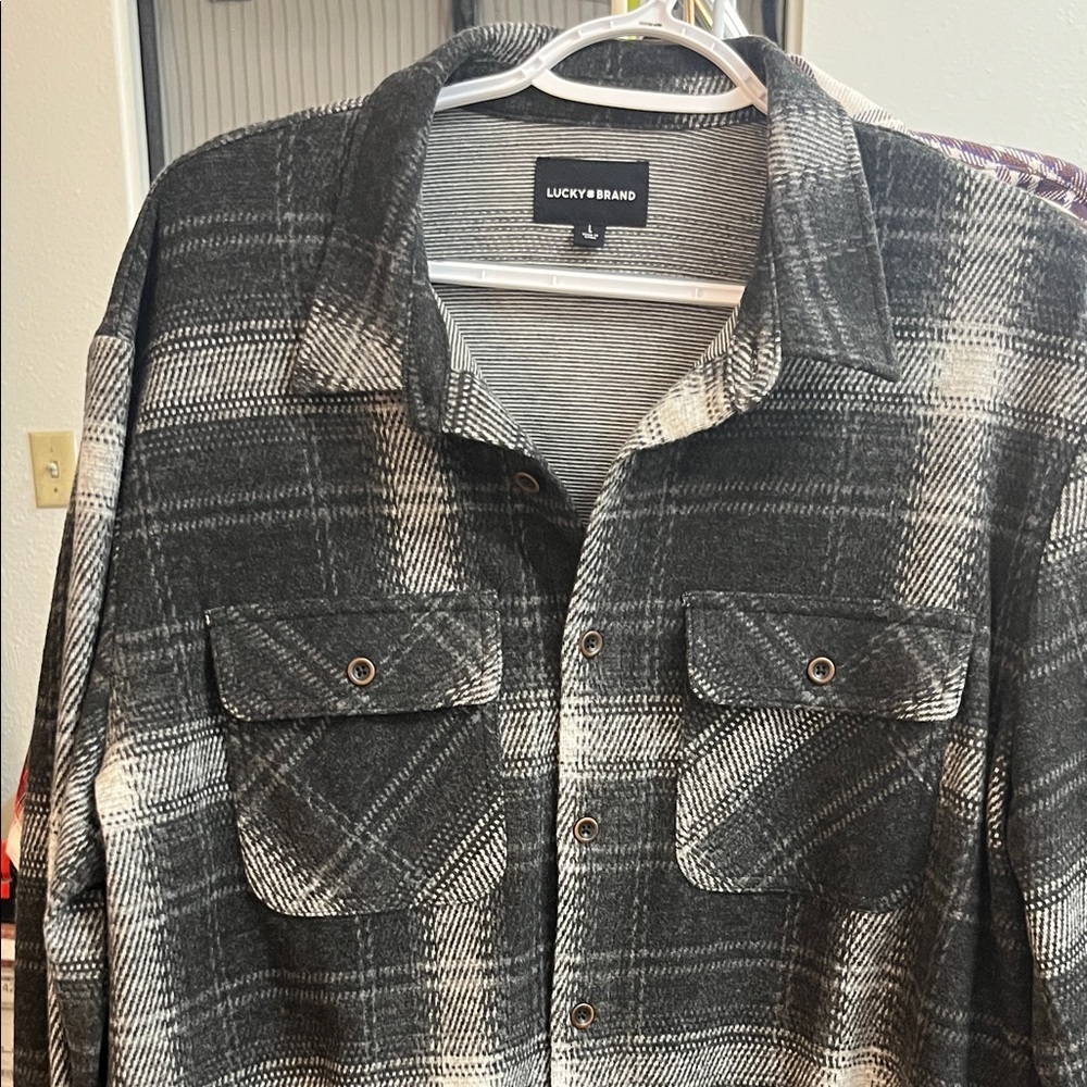 Lucky Brand Black and White Plaid Casual Button Down Flannel Shirt - Picture 3 of 5